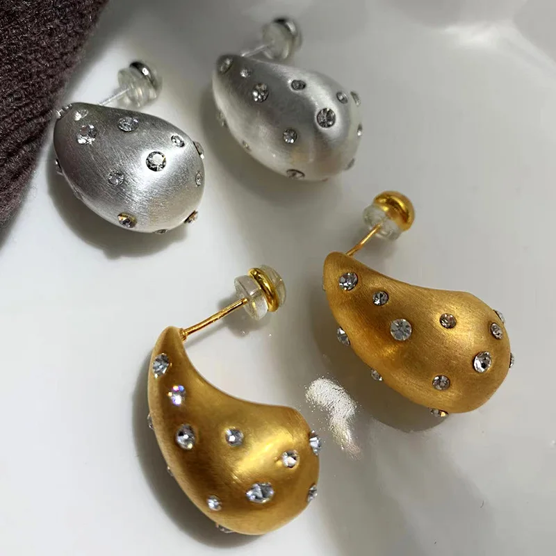 Fashion Brushed Matte Metal Water Drop Zircon Earrings For Women Trendy Chunky Geometric Party Jewelry Popular Accessories