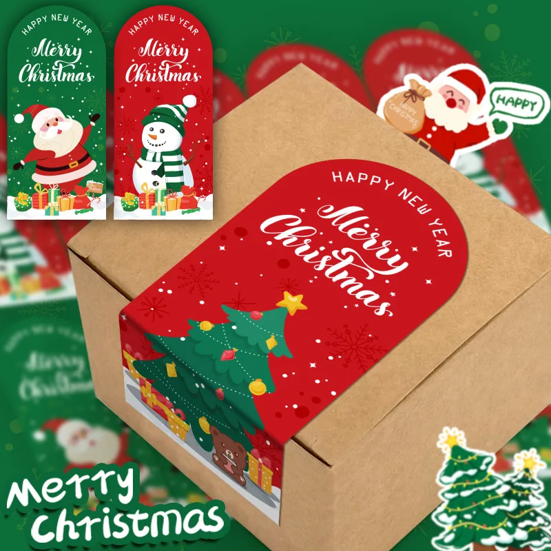 Cute Merry Christmas Stickers, Etiqueta Vermelha, Decorativa, Selagem, Caixa de Embalagem, Tag do presente do Natal, 6x13cm, 50Pcs por pacote