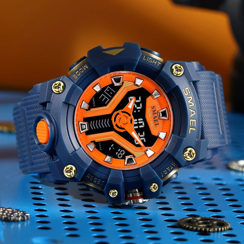 SMAEL Dual Display Sport Watch for Men Waterproof Luxury Blue Back Light LED Clock Men's Quartz Digital Military Wristwatch Male