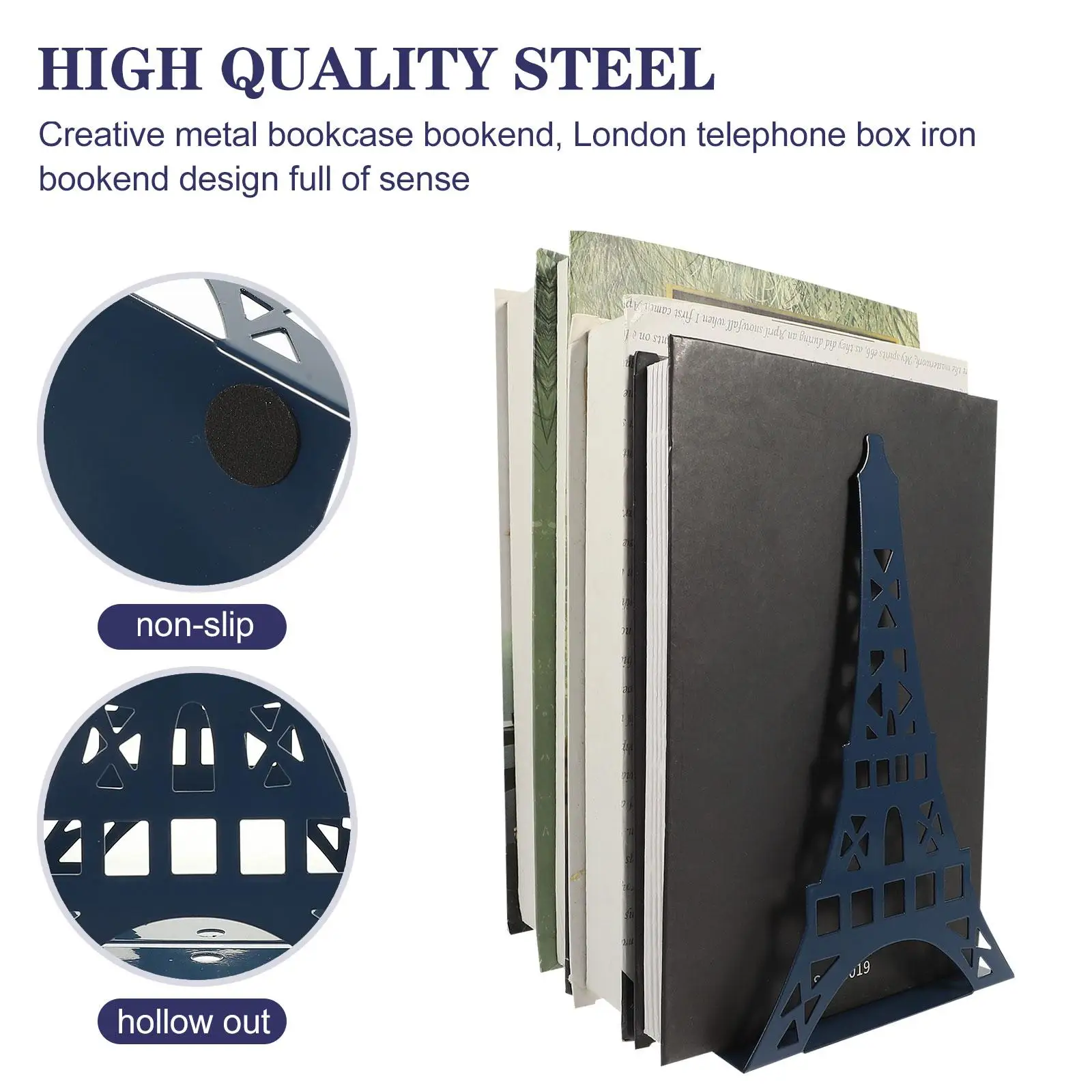 2Pcs Metal Bookends Tower Shape Desktop ganizer Blue Crafted Sturdy Notebook Holder For Shelves Study Library