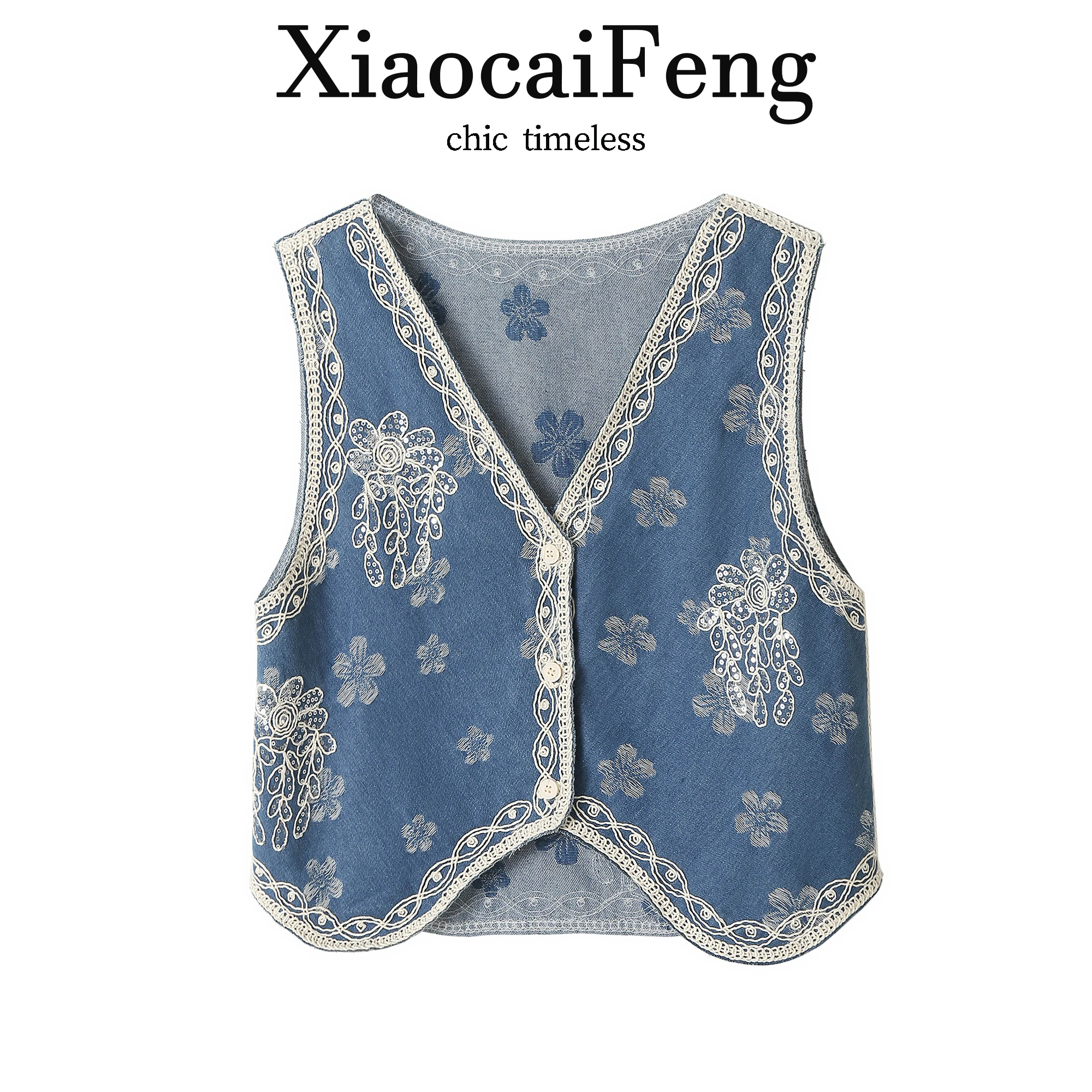 Retro Heavy Embroidery Lace Trim Denim Vest Women Summer V Neck Anti Aging Short Style Jacket Outerwear Layering Trendy Vest