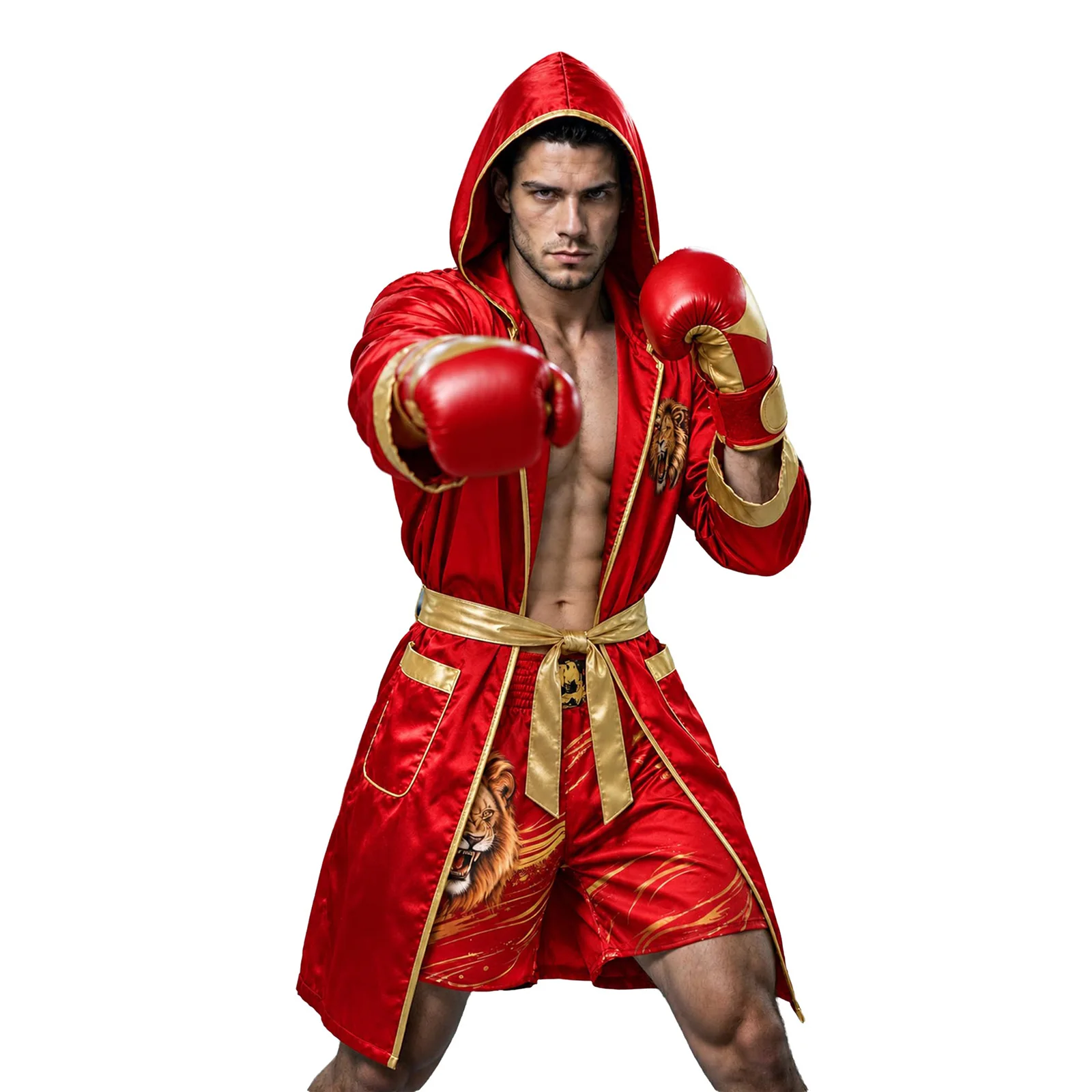 Men Adult Muay Thai Boxing Suit Hooded Satin Boxing Costume Robe Lion Graphic Muay Thai Fighting Shorts for Training Competition