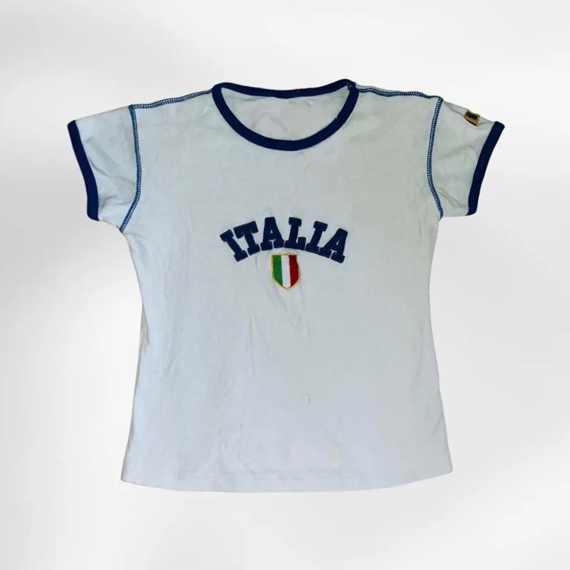 Aesthetic Women Italy Letter Embroidery Crop Top Retro Street Wear Baby T-shirt Women\'s Punk Sports T-shirt Y2k Clothes emo