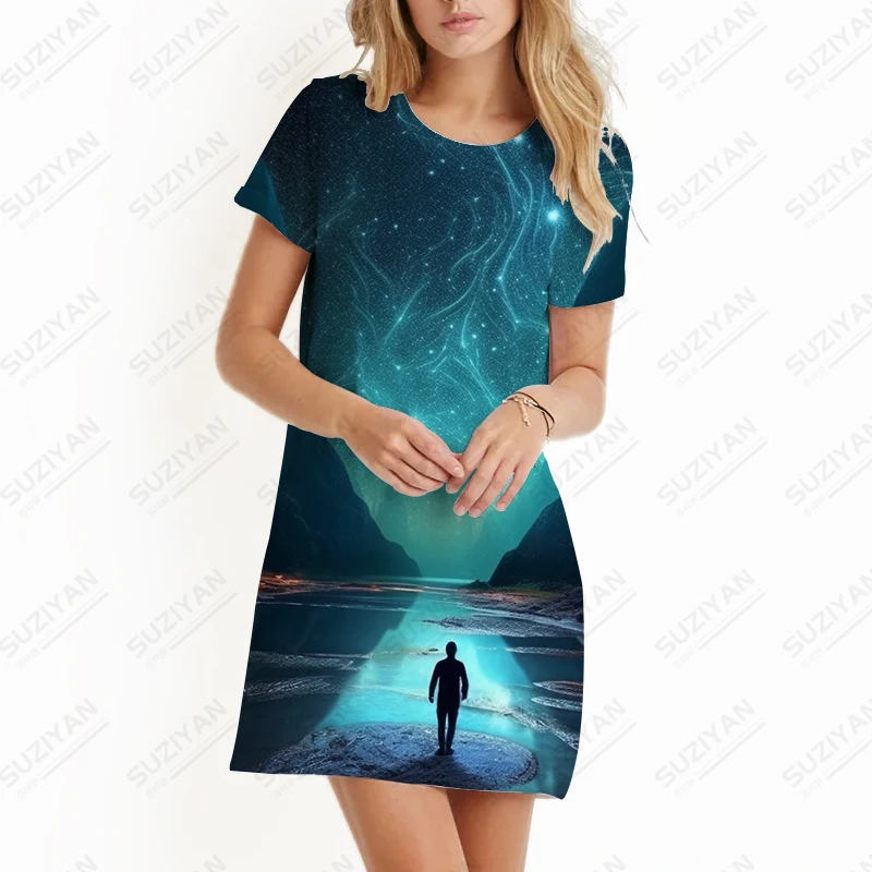 Sommer neue Damen Kleid Fantasy Valley 3D-Druck Dame Kleid Fantasy-Stil Damen Kleid Modetrend Freizeit Damen Kleid