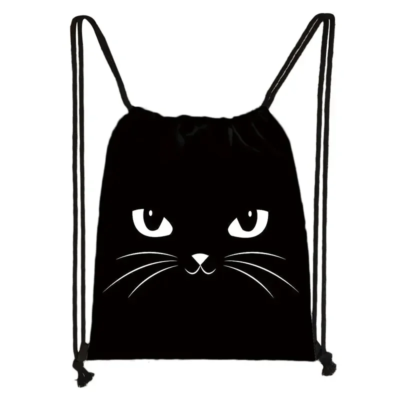 Cute  Black Cat Drawstring Bag Women Shopping Bags Canvas Travel Bag Fashion Storage Bags Teenager Girls Backpack