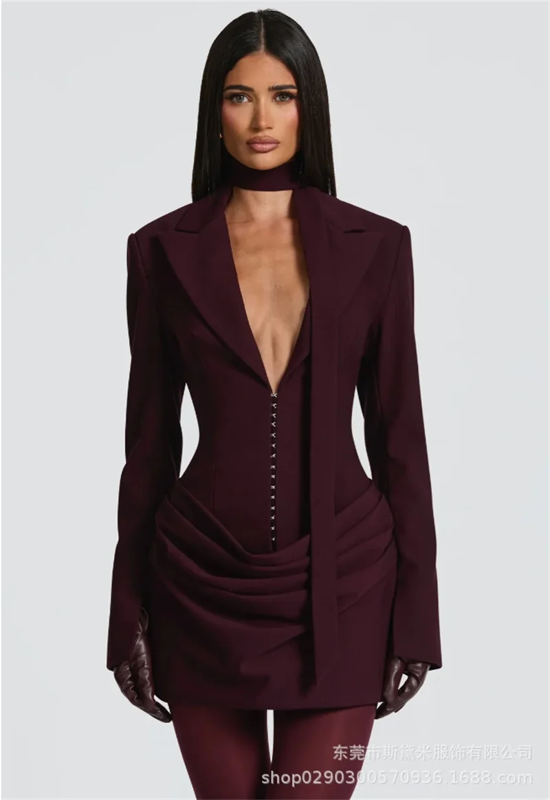 Traje Borgoña para mujer, chaqueta de 1 pieza con bufanda, Sexy, cuello en V, dobladillo con volantes, Mini vestido de fiesta corto, chaqueta Formal de oficina para mujer, abrigo