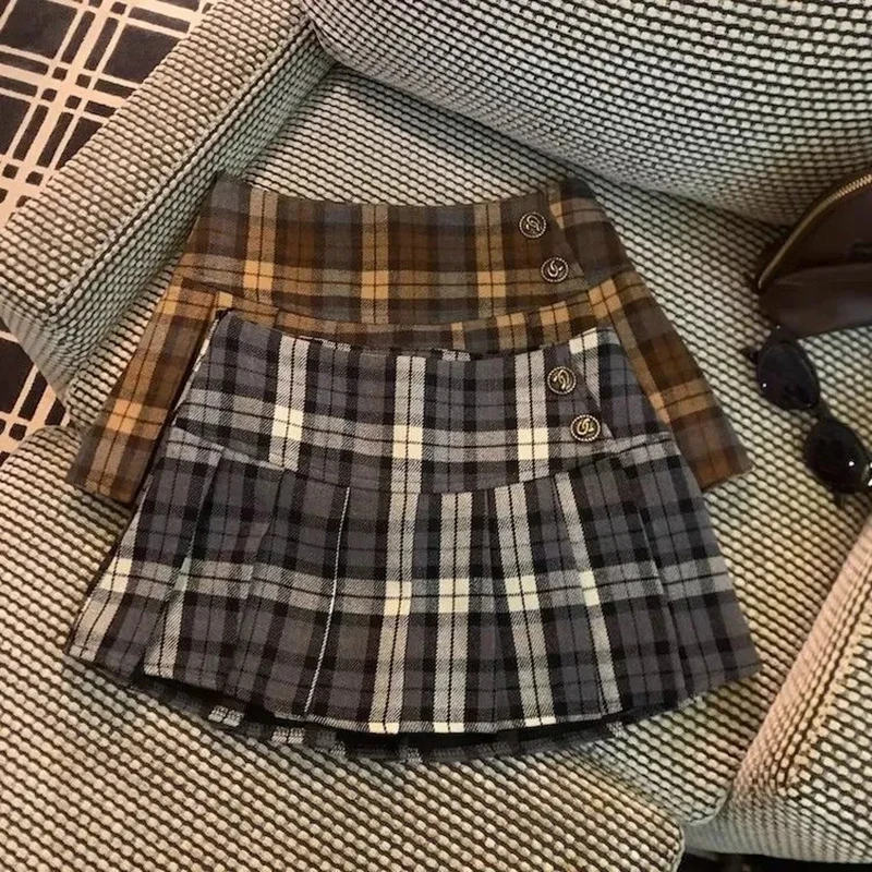 Vintage Karierter Plisseerock für Damen Y2K Koreanischer Hochtaillierter Kunstwoll-Minirock Japanischer Süßer Preppy All-Match A-Linien-Rock