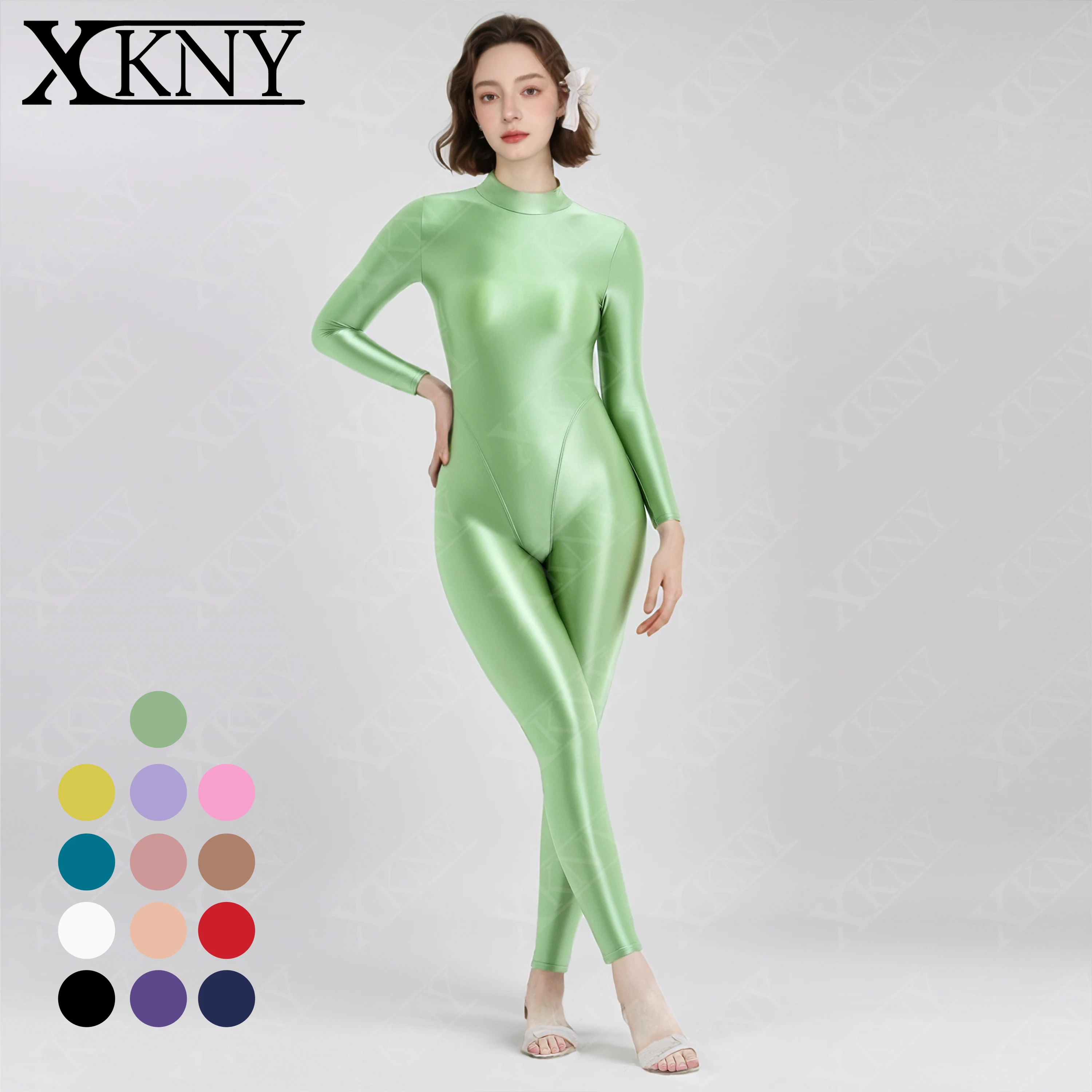 XCKNY Satin Glossy bodysuit High Neck Long sleeved 9-inch jumpsuit V-shaped crotch area Unisex zipper Leotard OIL BODYSUIT