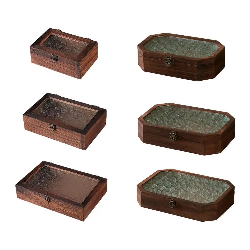 Haitang Flower Glass Storage Box Nordic Retro Solid Wood Storage Cabinet Desktop Sorting Flipping Wooden Box Makeup Table Decor