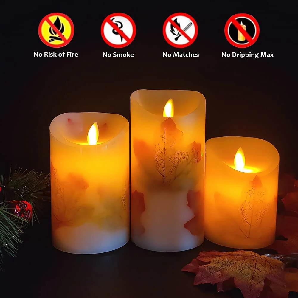 

Flameless Candles Battery-Operated Fall LED Candles with Remote and Timer Autumn Theme Pillar Candle with Maple Leaves for Party