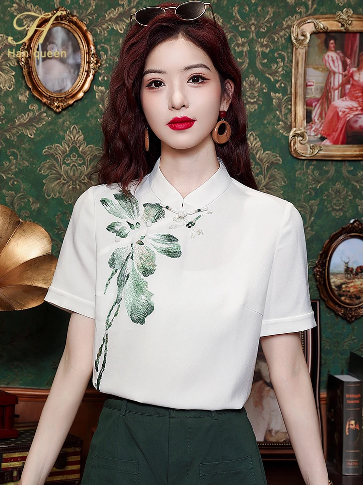 H Han Queen Summer Female Blouses Fashion Embroidery Short Sleeve Shirt Korean Casual Blouse Japanese Vntage Clothes Women Top