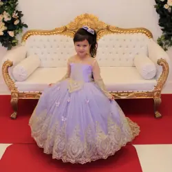 Lavender Ball Gown Girls Pageant Dresses Tiered Long Sleeves Children Birthday Gowns Lace Ruched Little Kids Photography Dresses