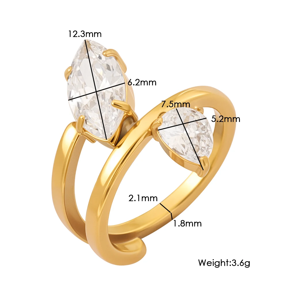 French Irregular Two Zircon Rings PVD 18K Plated Gold Stainless Steel Waterproof Fade-Resistant Jewelry for Wome