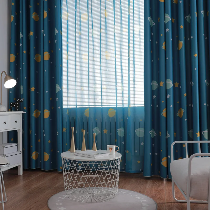 Cartoon Blue Space Print Blackout Curtain For Bedroom Living Room Retro Kids Boys Blackout Window Drapes For Kitchen Door Custom