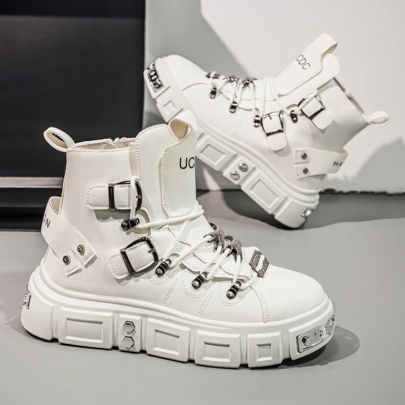Fashion Rivet Black High top Sneakers Men Leather Design Luxury Shoes Street Gothic Punk Boots Men Motorcycle Boots Big Size 46