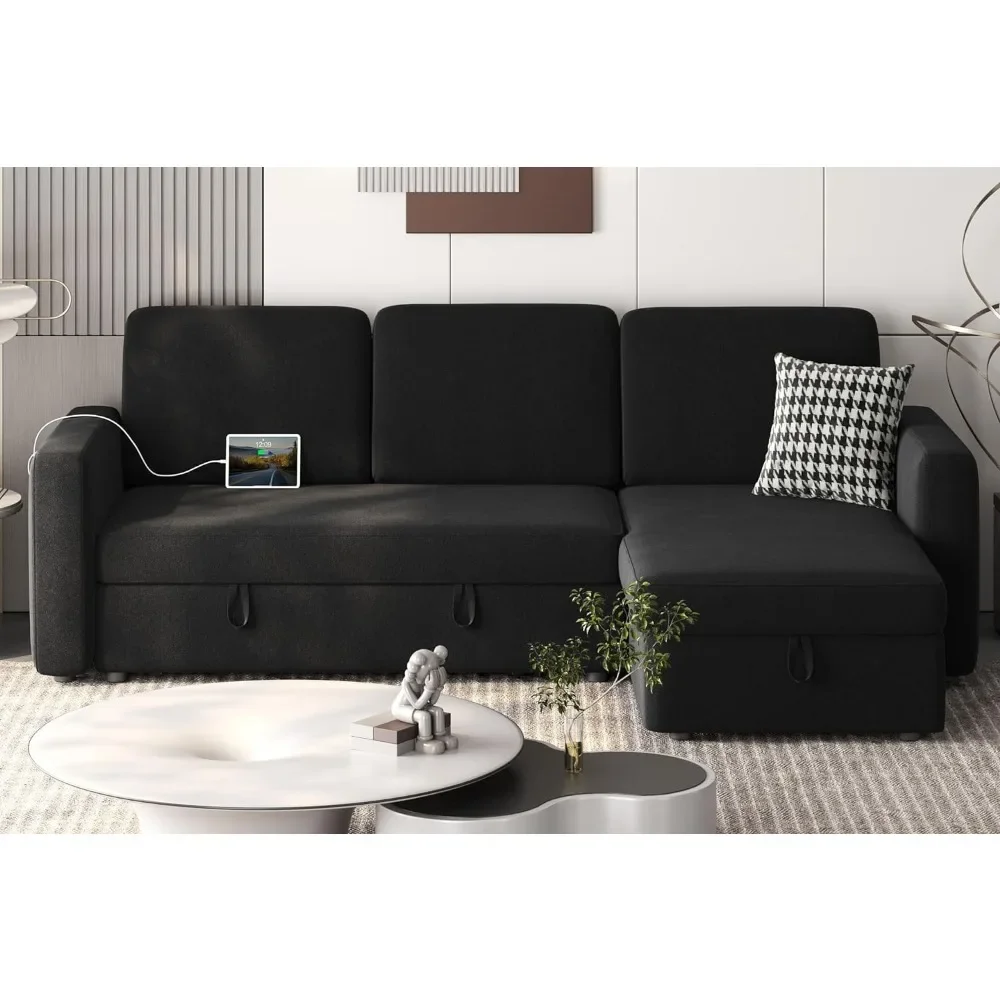 L-shaped sectional sofa, couch bed w/USB, reversible sleeper sofa, 4-seat fabric, pull-out bed & storage, black, for living room