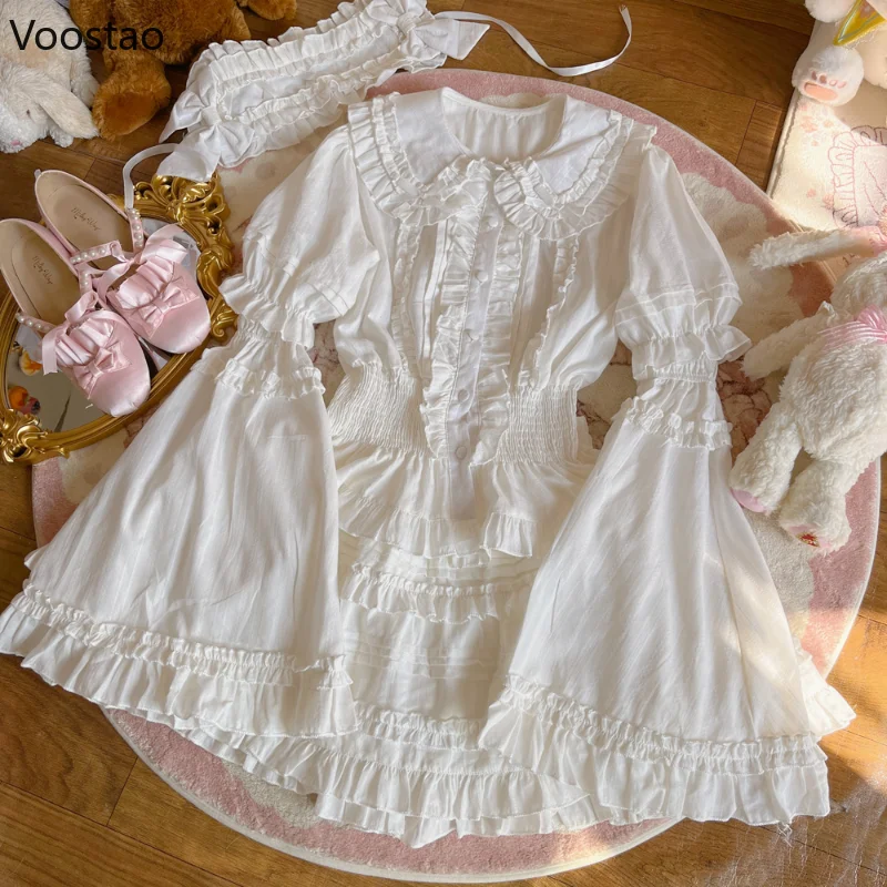 Vintage Sweet Lolita Cotton Blouse Women Kawaii Bow Ruffles Peter Pan Collar Princess Shirts Student Girls Cute Puff Sleeve Tops