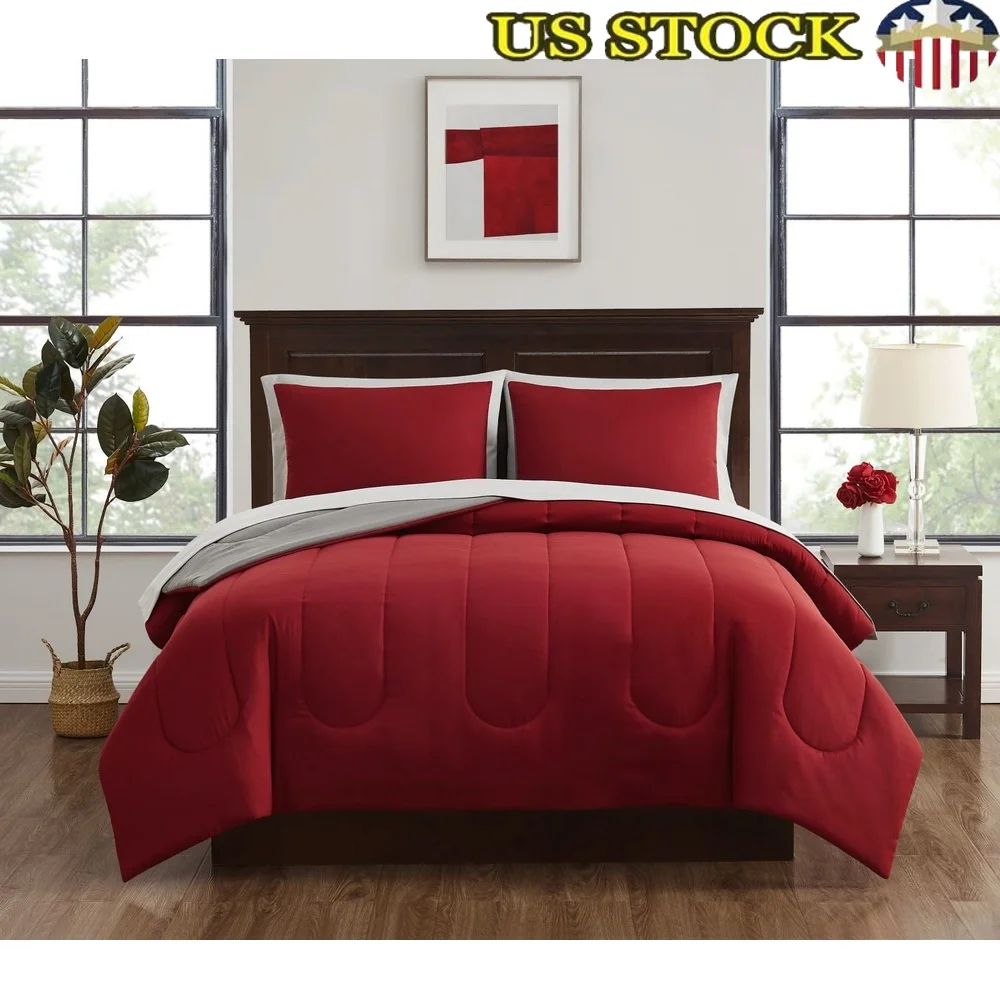 

7 Piece Reversible Comforter Set with Sheets Polyester Bedding Set Includes Pillowcases Shams Flat and Fitted Sheets Easy Care