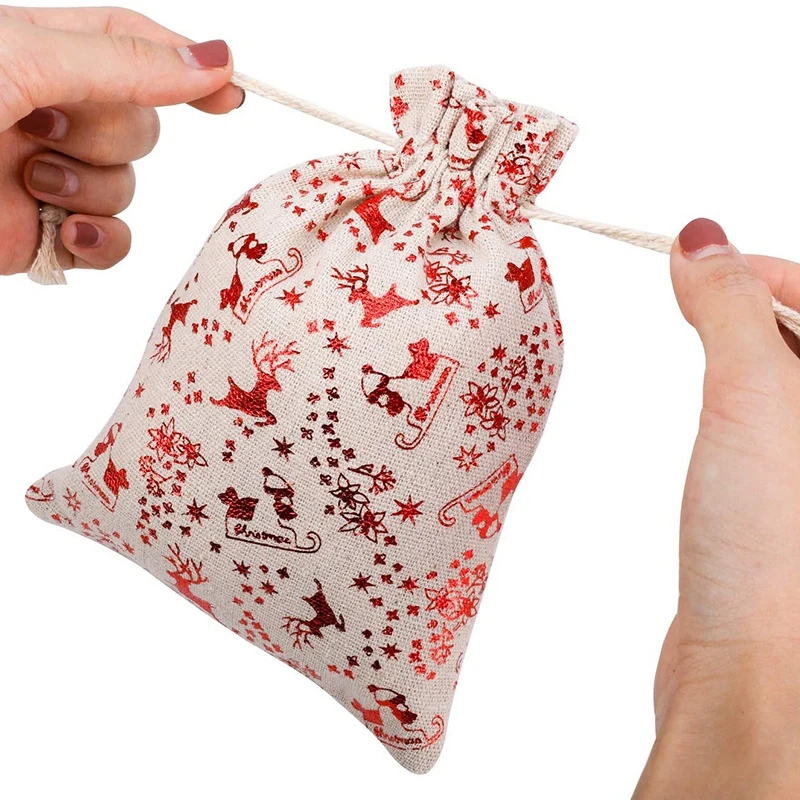 Bolsas de regalo de arpillera con cordón para Navidad, 16 piezas, envoltorio para dulces, suministros para fiestas de Navidad