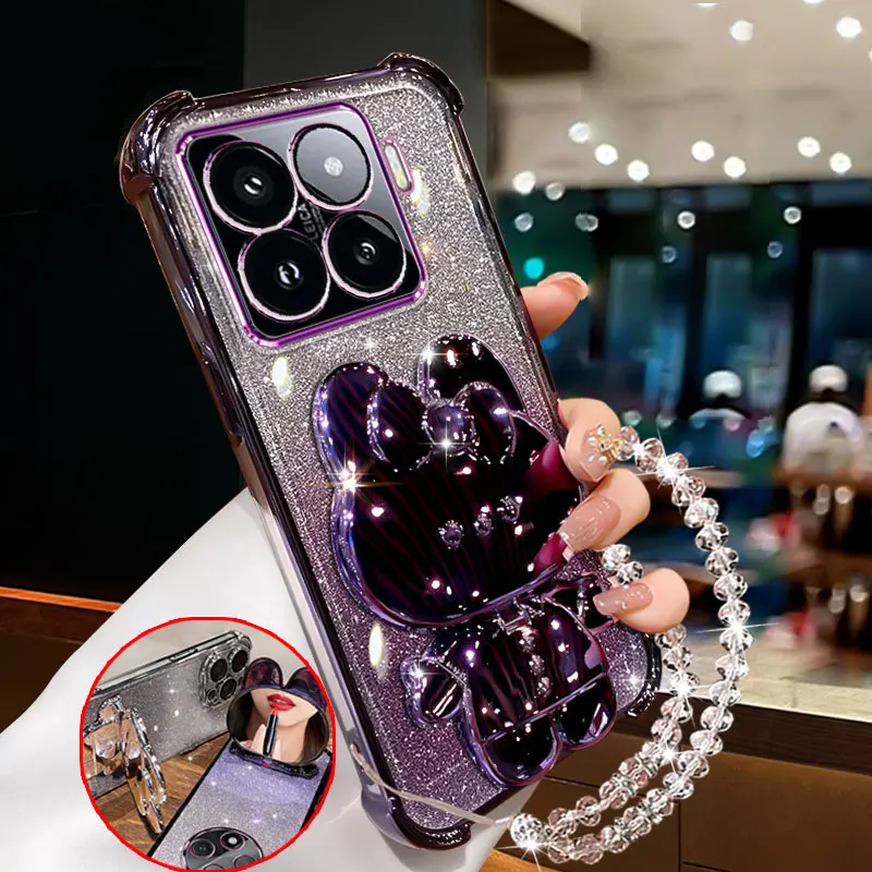 Luxury Crystal Chain Xiaomi15 Case,Shockproof Holder Cover For Xiaomi 15 14 14T pro ultra 11Lite Glitter Cute Mirror Phone Case