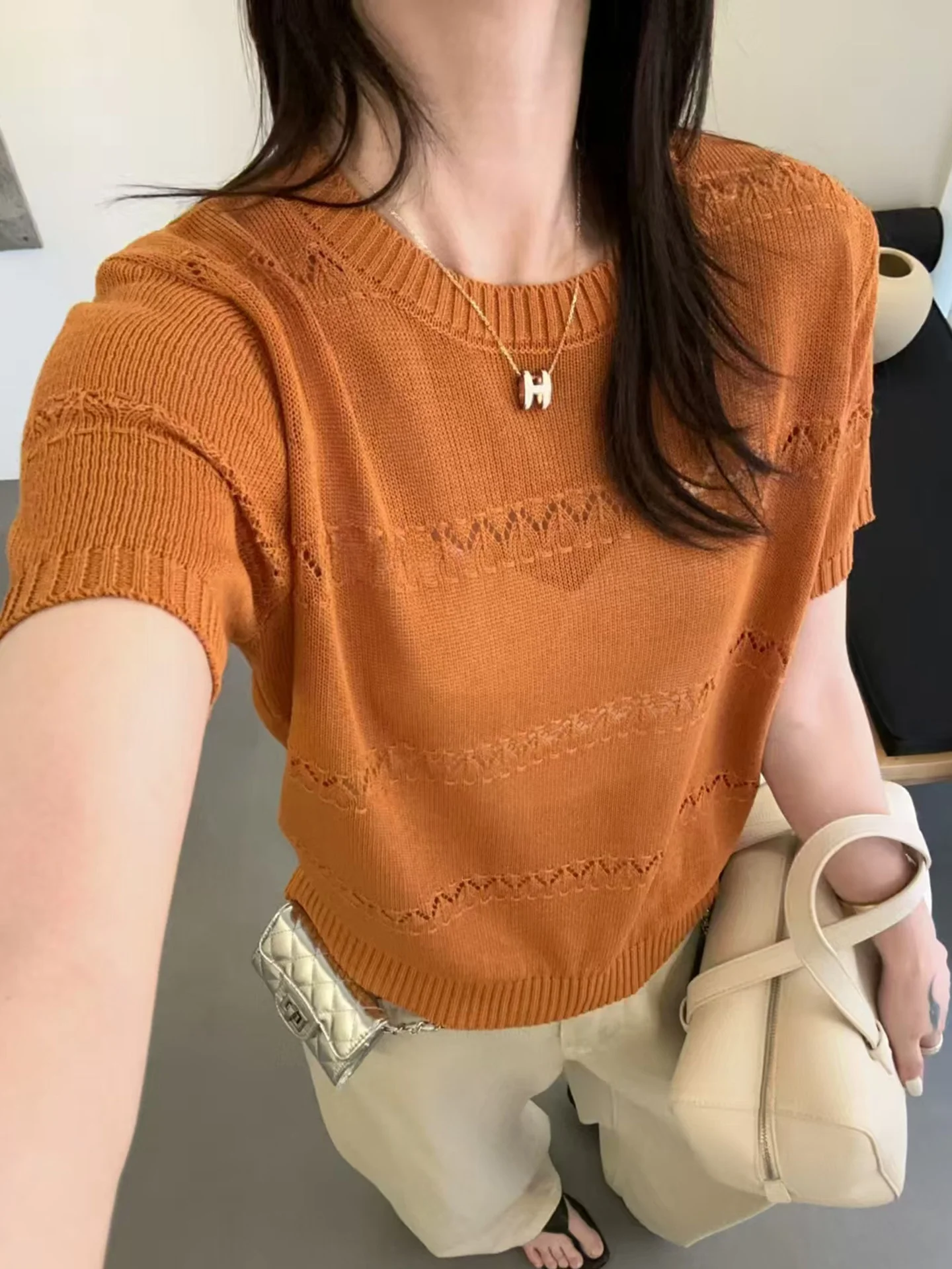 

Orange round Neck Short Sleeve Knitted Top Women's Summer Hollow out Design Casual Shirt Standard Fit T-Shirt for Ladies
