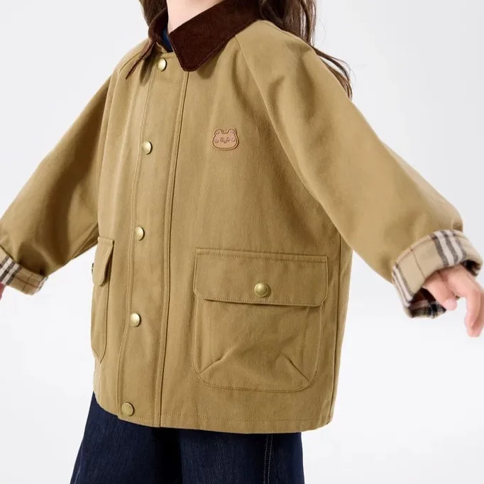 Spring and Autumn men's women's children's trench coat baby children's retro lapel plaid cartoon coat 2