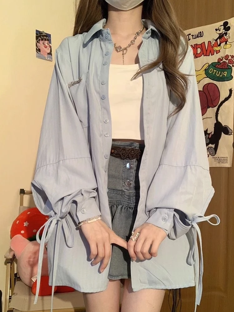 

Loose Long Sleeve Women's Shirt Spring Summer New Style Casual Sun Protection Top College Style Versatile Loose Belted Lazy S...