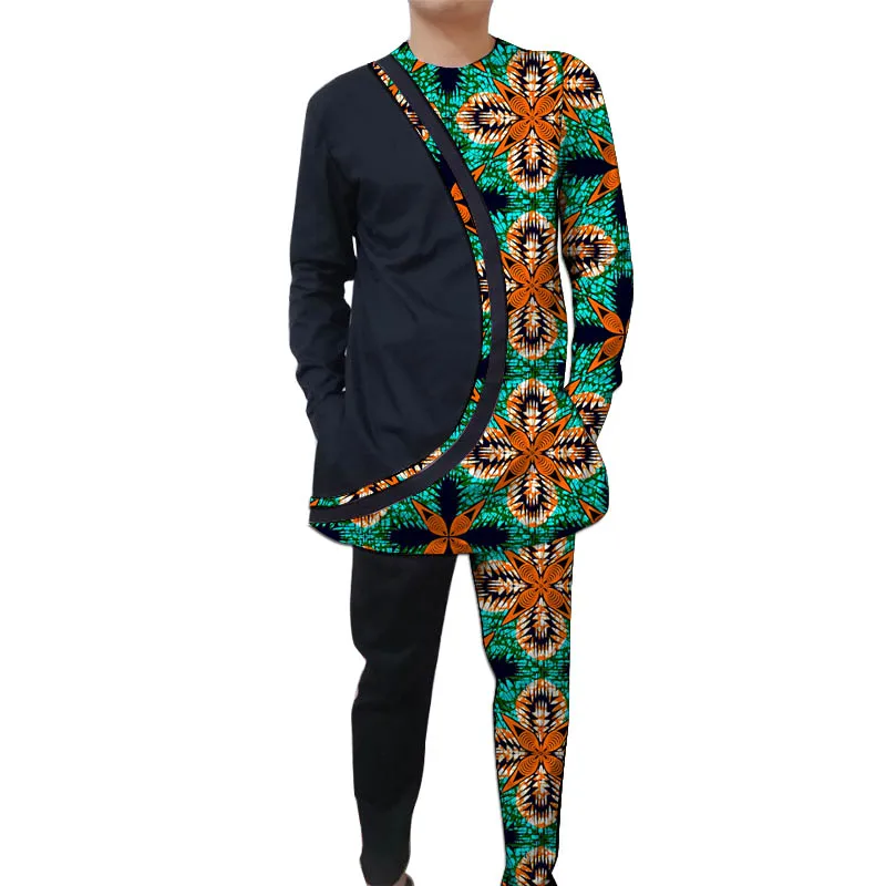 Tailor Original Design Nigerian Styles Men\'s Outfit Patchwork Shirt+Trouser 2 Pieces Pant Set African Print  Male Groom Suits