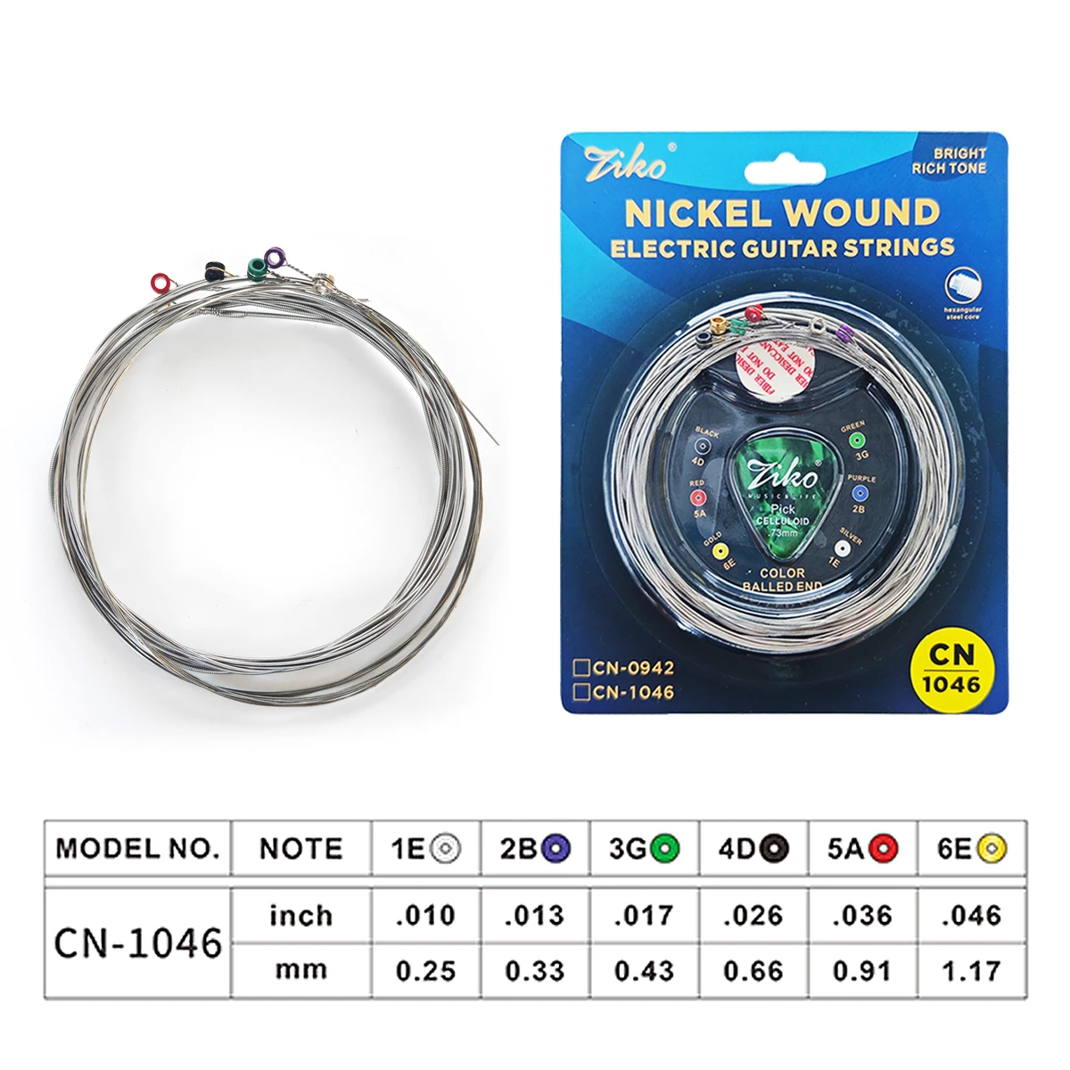 ZIKO 1Set CN-1046 Electric Guitar Strings – Nickel Wound, Hexagonal Core, Stable Feel, Colorful Ball End, 010-046 Gauge