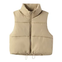 New Fashion European And American Style Cotton Padded Vests For Women Short Length Solid Color White Brown Beige Pink Khaki