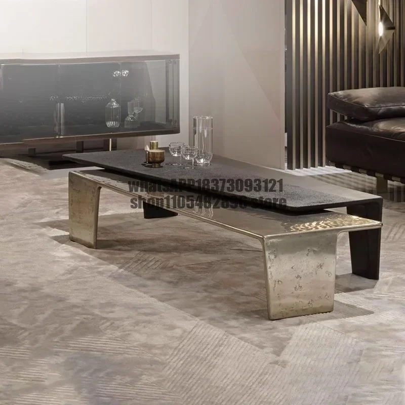 Light luxury high and low combination solid wood coffee table Modern old hammer stainless steel living room low tea table
