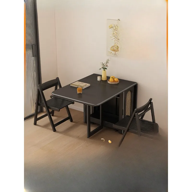 Folding black slate dining table and chair can accommodate small household space-saving solid wood dining table with