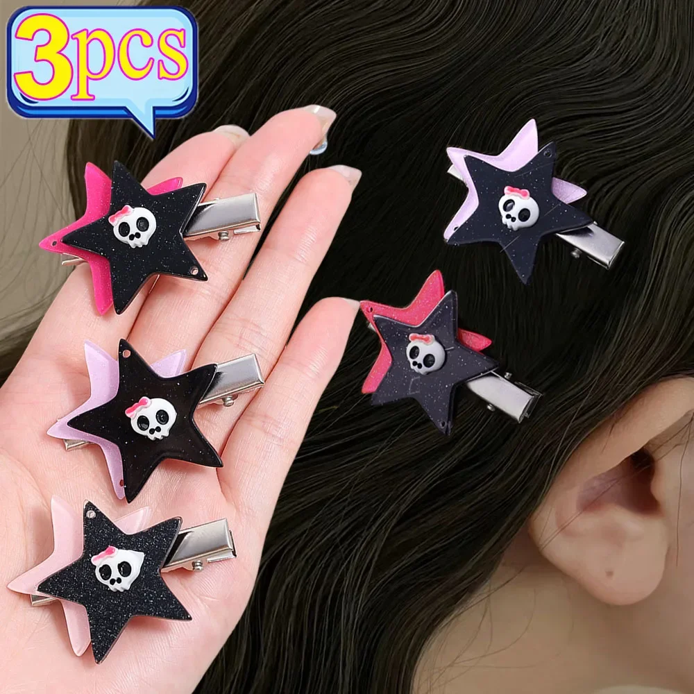 3/1pcs Y2k Glitter Star Skull Hair Clips Sweet Cool Hot Girl Skeleton Pentagram Hairpins for Women Harajuku 90s Accessories Gift