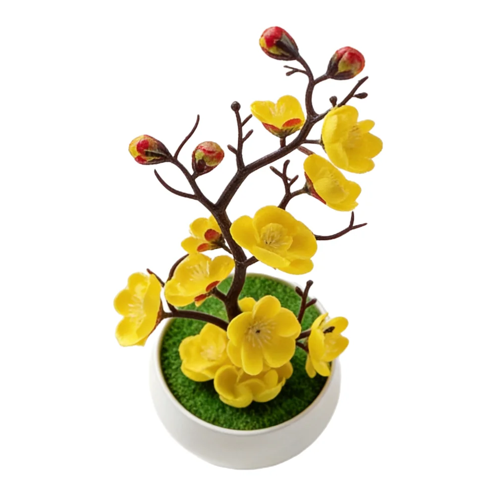 Fake Flower Tray Planting with Wax for plum Branch Bonsai for Indoor Outdoor Use Plastic Artificial Bonsai Arrangement Set of 4