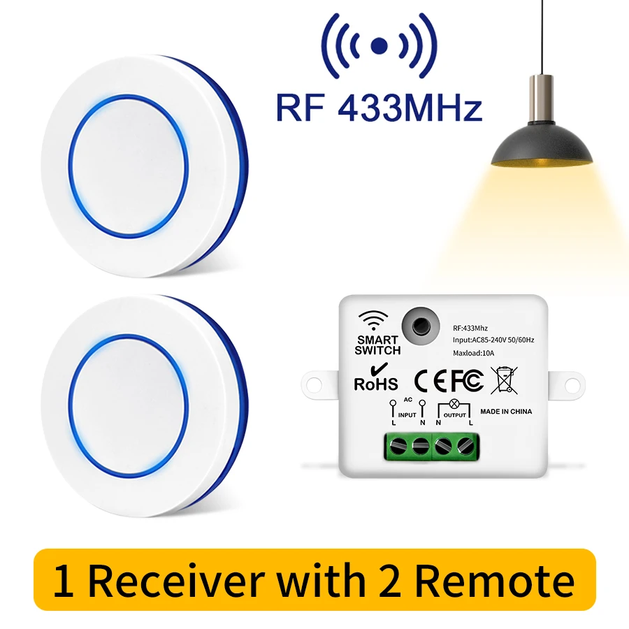 Interrupteur d'éclairage sans fil RF 433MHz, Mini bouton rond, panneau mural, télécommande 220V 110V 10A, contrôleur de relais pour lampe LED