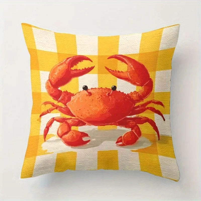 1pc Seafood Lobster Crab Print Throw Pillow Cover, 2D Double-Sided Polyester Cushion Case, Nautical Beach House Decor Pillow, Gi