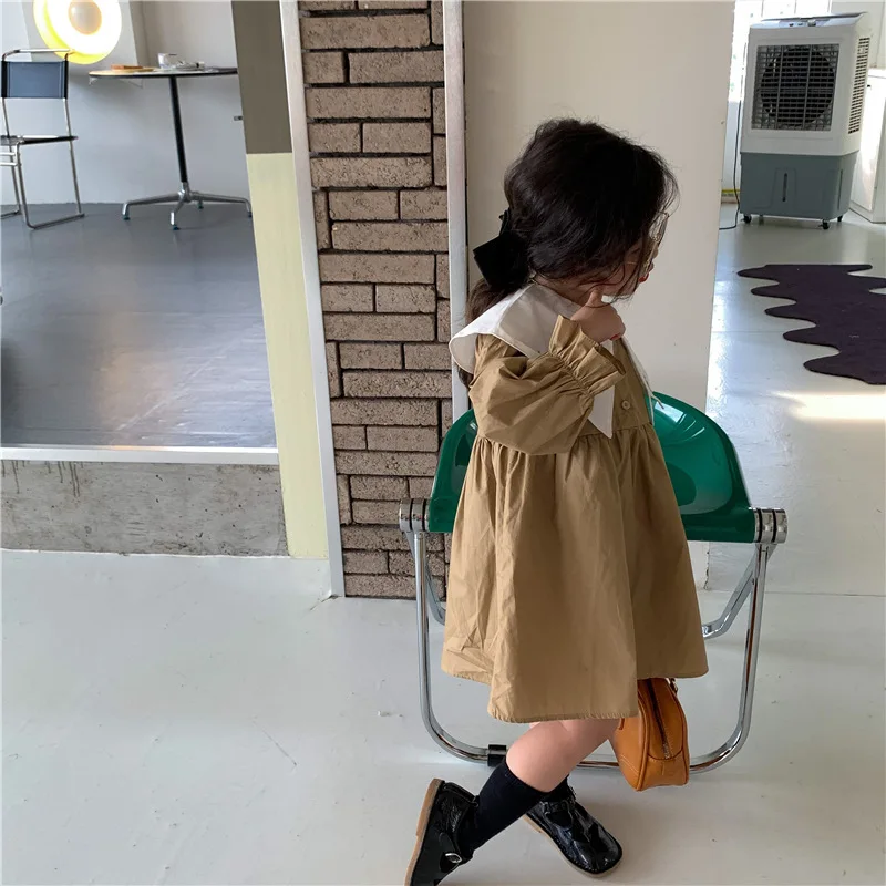 Girl Dress Spring 2023 New Retro Van Doll Pointed Collar Girl\'s Dress Long Sleeve Khaki Princess Dress Sweet Casual Dress