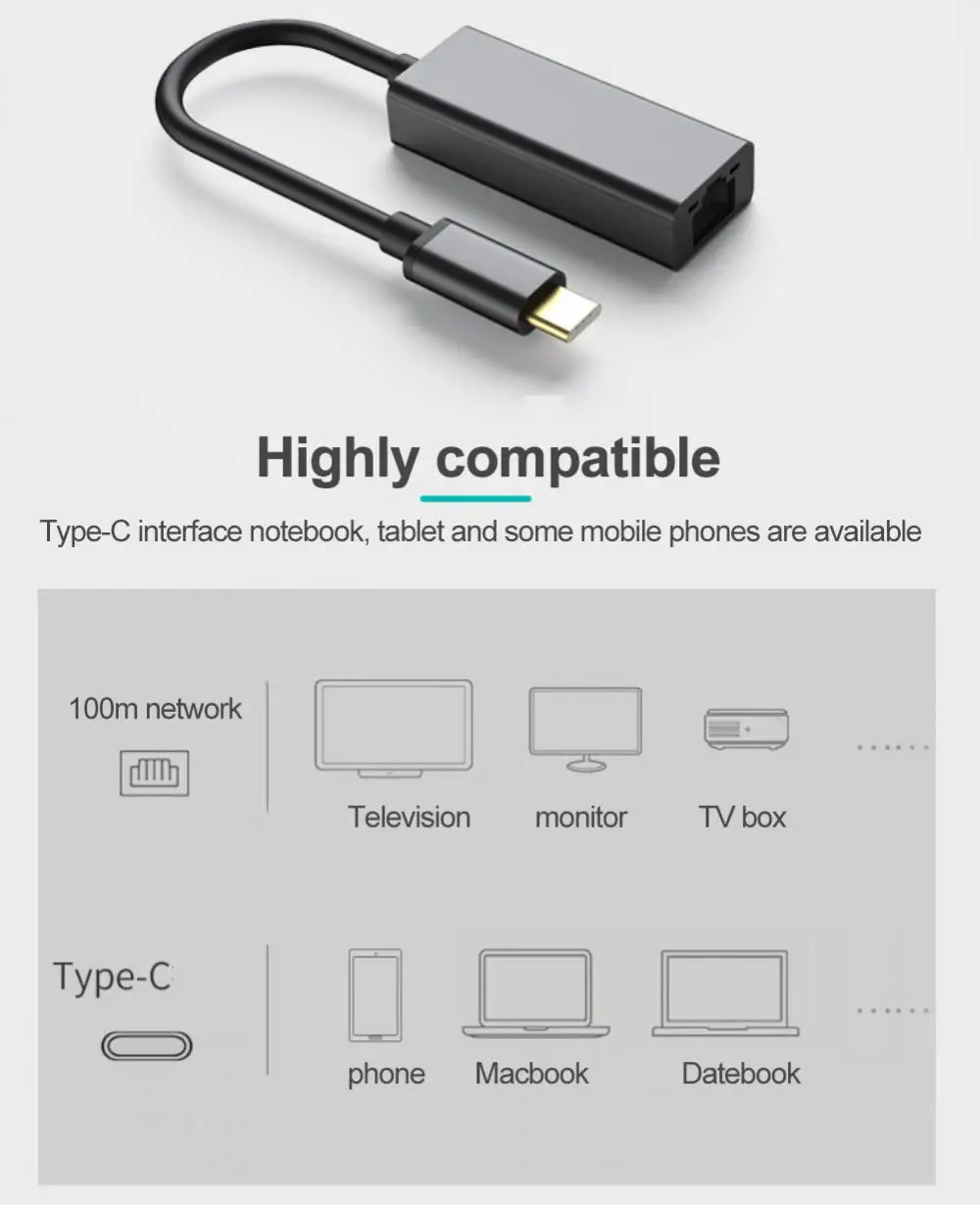 USB C 100/1000Mbps Adapter sieci Ethernet zewnętrzna karta sieciowa typu C do RJ45 LAN stabilne do laptopa PC telefony komórkowe Tablet