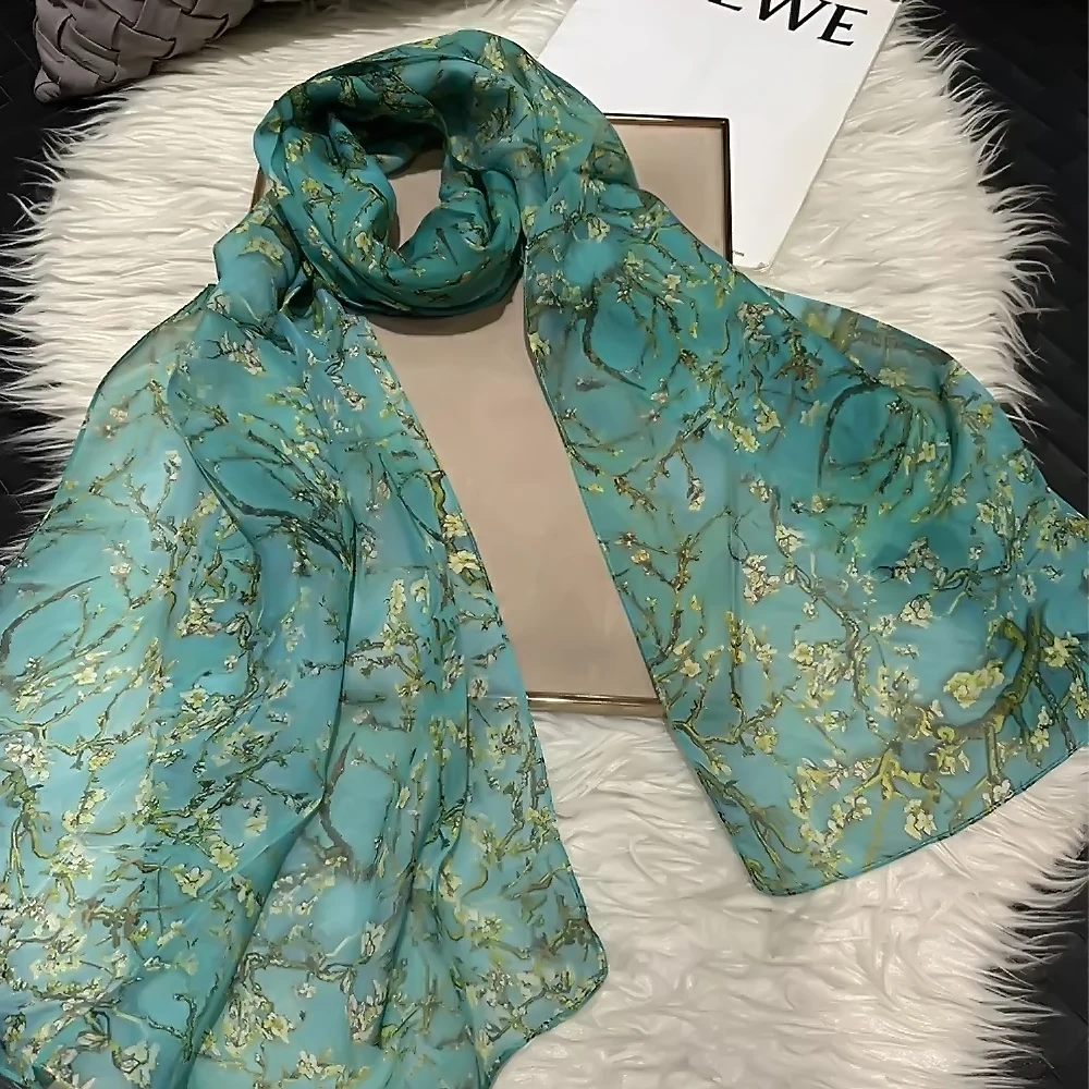 [BYSIFA] 100% Silk Chiffon Scarf Female Brand Apricot Floral Design Long Scarves Beach Shawls Fall Winter Women Neck Scarves