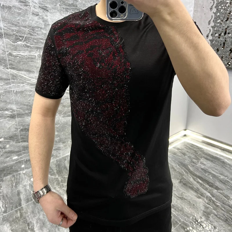 2023 Summer Top O-neck Short Sleeve T-shirt Men High Quality Animal Rhinestones Tshirt Men Social Club Outfits Tee Shirt Homme