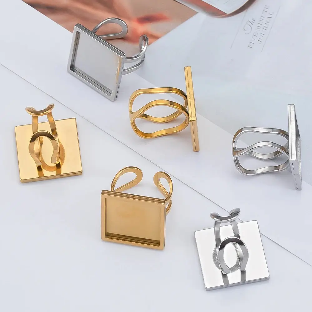 4pcs Punk Square Ring Blank Tray Stainless Steel Adjustable Open Finger Ring Base 10-25mm Cabochon Bezel DIY Men Jewelry Making
