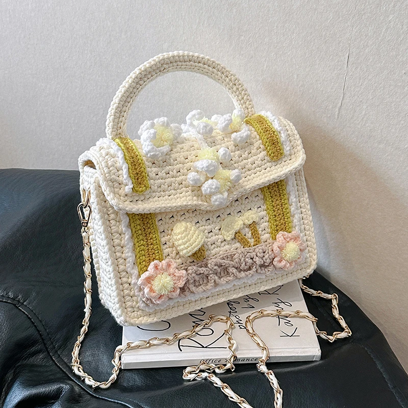 女性用の小さな四角いニットバッグ,手作りのかぎ針編みのショルダー