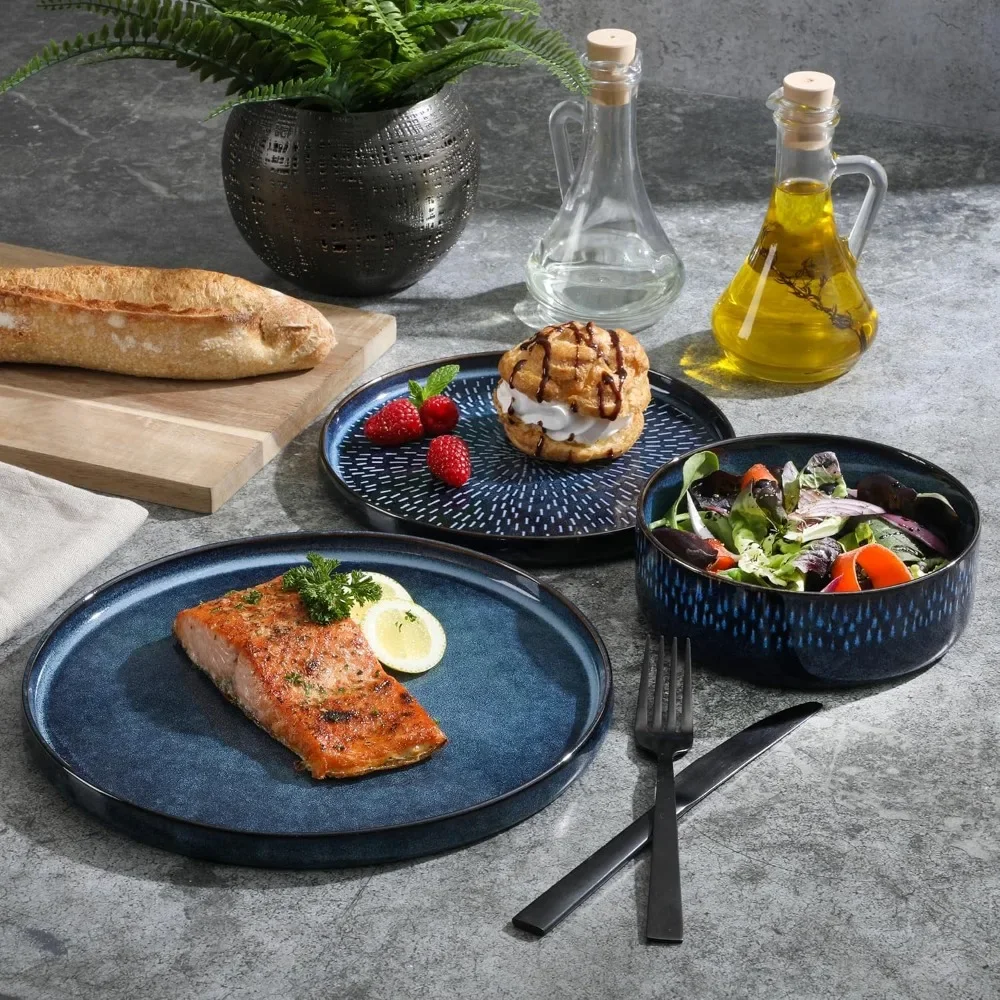 12 Piece Matisse Moderna Stoneware Reactive Glaze Plates and Bowls Dishes Dinnerware Set - Cobalt Blue