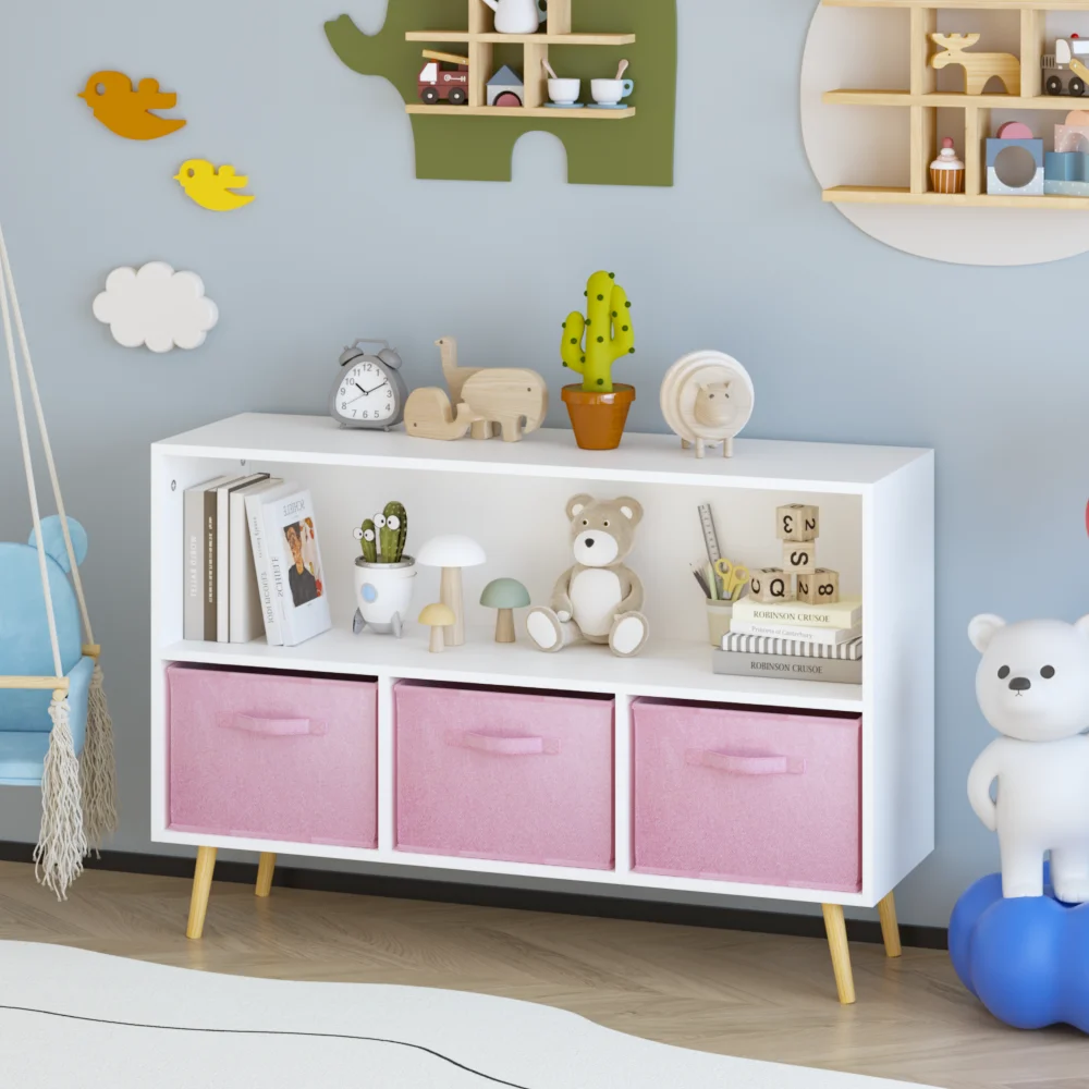 Kinder-Bücherregal mit zusammenklappbaren Stoffschubladen, Kinderbuch-Display, Spielzeug-Aufbewahrungsschrank, Organizer, Weiß/Rosa