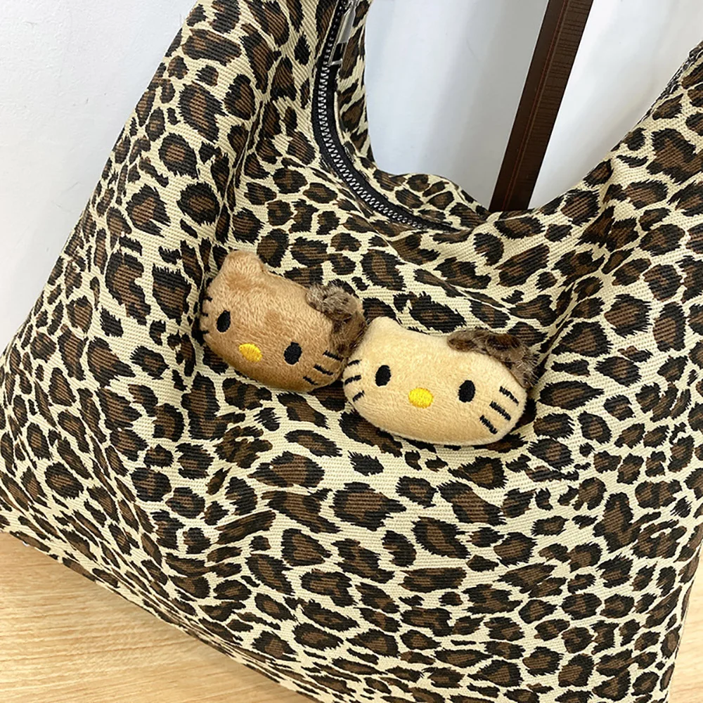 Sanrio Hellokitty Leopard Shoulder Bag Fashion College Student Schoolbag Casual All-Match Satchel Commuter Tote Handbag Backpack