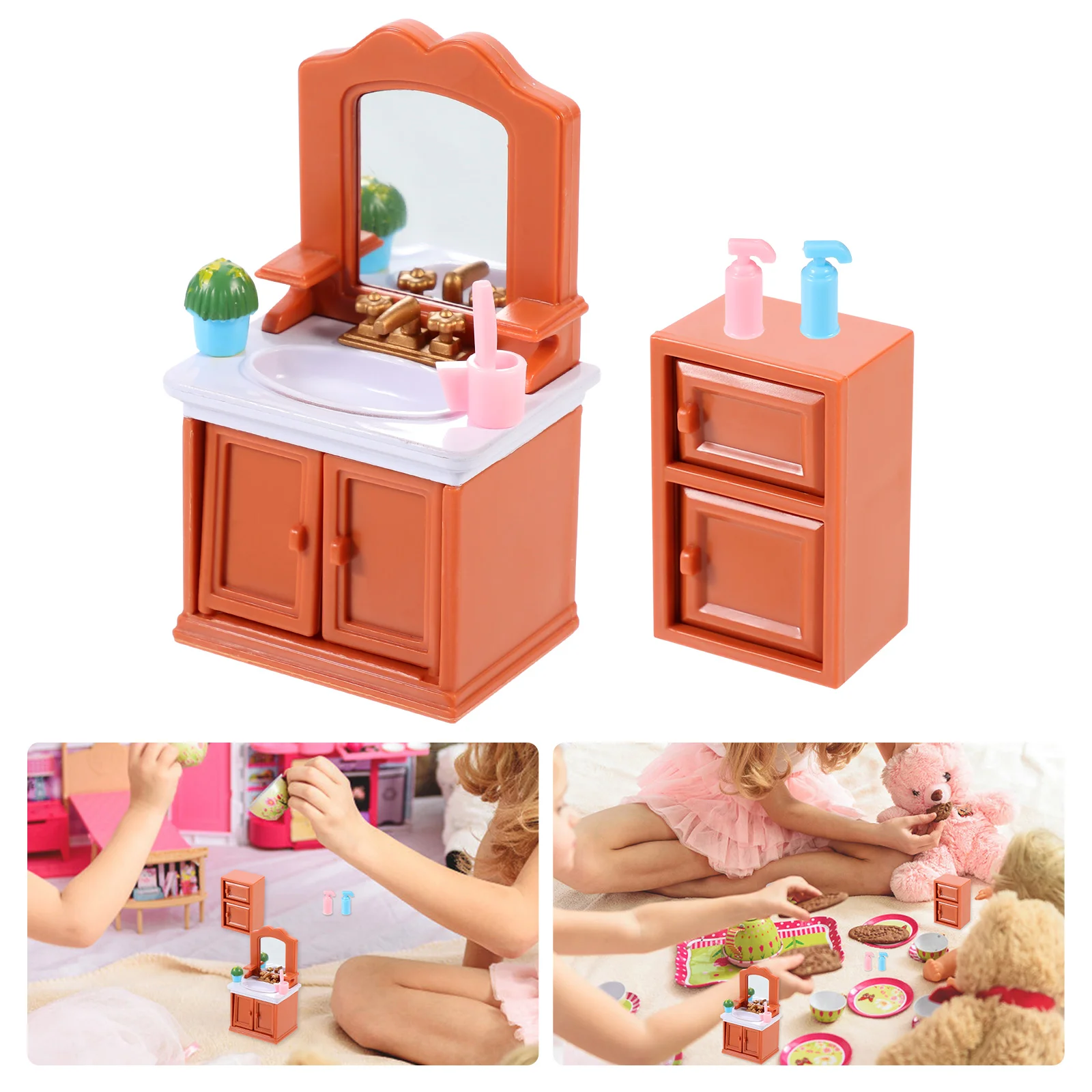 3 Pcs Miniature Bathroom Furniture Model Toys Figurines Sink Plastic Crafts Child Small Size Good Quality Strong