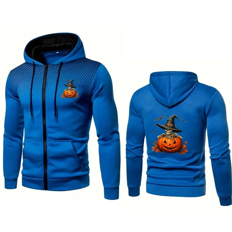

Men's Hooded Jacket Blue Halloween Pumpkin Witch Printed Pattern Casual Autumn Winter Outdoor Wear