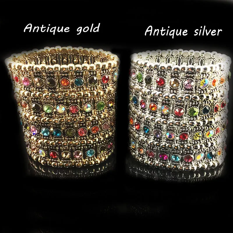 Luxury Bracelet for Women Elastic Multi-Layer Inlaid Color Rhinestones Wide Hand Accessories  Free Shipping