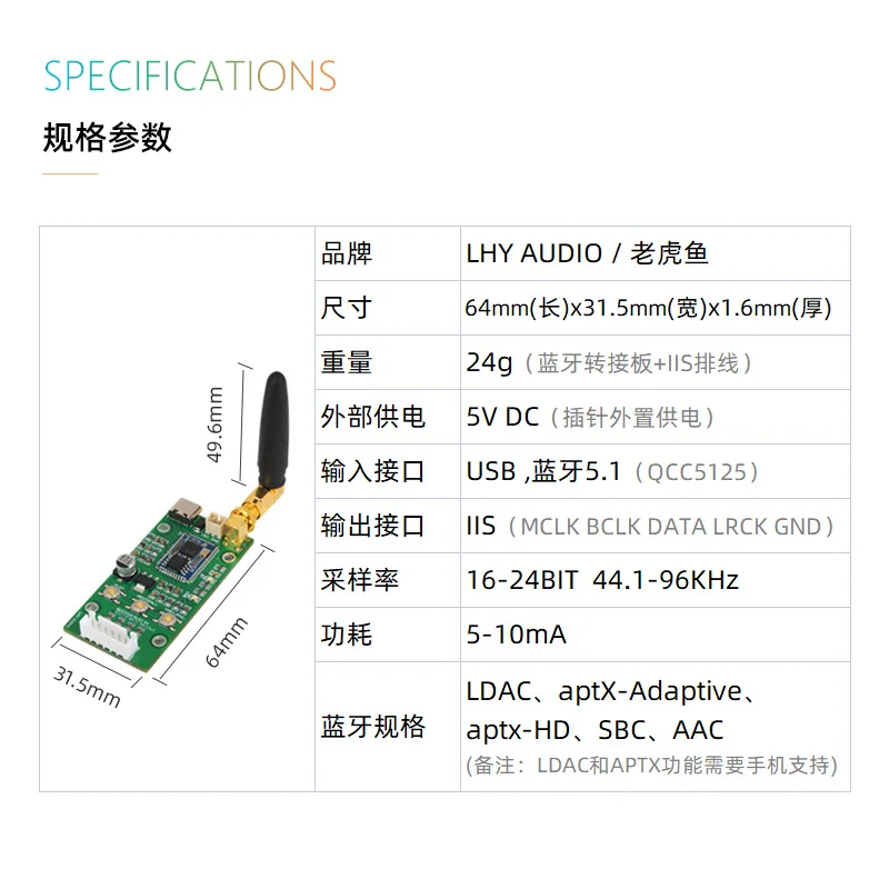 HIFI QCC5125 5,1 Bluetooth USB tipo C placa adaptadora de entrada salida IIS 96KHz