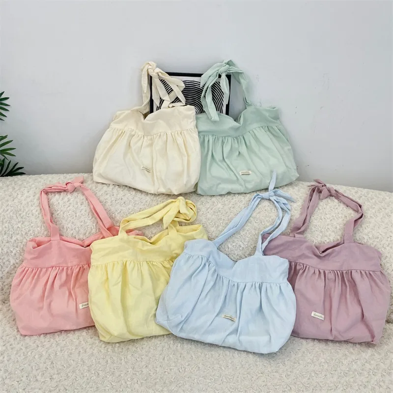 

Simplicity Fashion Solid Color Shoulder Bag for Student Girl Jelly Color Wrinkle Bow Chic Canvas Bag Portable Large Capacity Bag